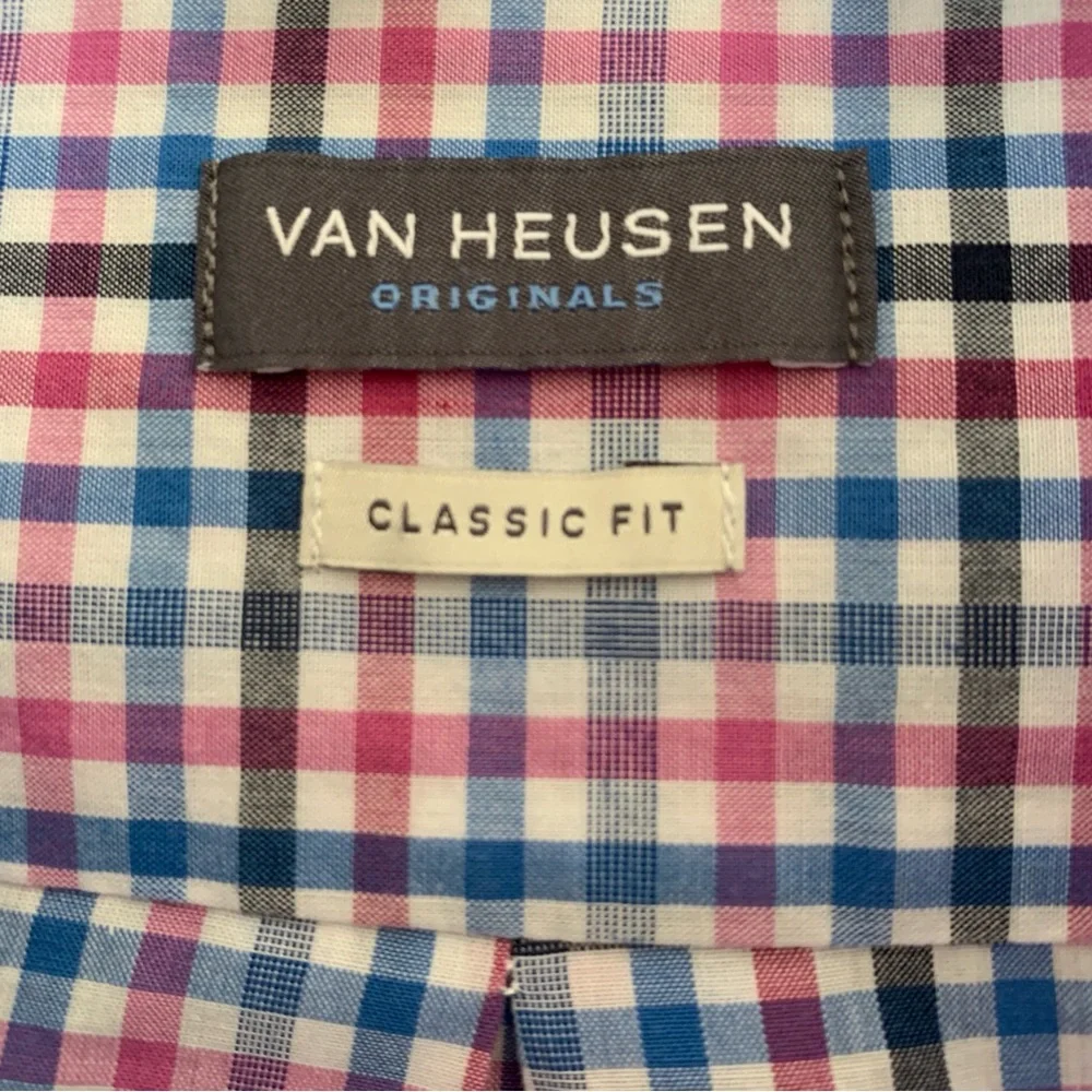Van Heusen Shirt Men's XXL Classic Fit Long Sleeve Flip Cuff Button Up Pink Blue